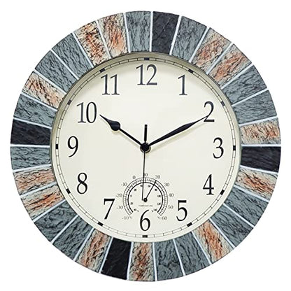 UMEXUS Outdoor Clocks for Patio Waterproof with Thermometer Combo, Brown | 13-in Weatherproof Wall Clock, UV Resistant, Silent, Battery Operated, Easy to Read for Patio Pool Garden Lanai Fence Porch