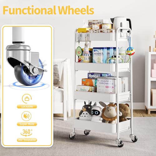 TOOLF 4 Tier Metal Rolling Cart, Utility Storage Cart with Wheels, White | Screwless Assembly, Lockable Metal Wheels, Trolley Organizer for Bathroom, Kitchen, Office, Dorm, Laundry, Craft Room