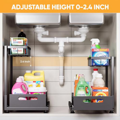 2-Pack L-Shaped Under Sink Organizer, 2-Tier Pull-out Cabinet Rack | Black Height-Adjustable Steel Rack, Sliding Grid Drawers with PP Liners, Holds 100 Lbs, Suction Base, Ideal Kitchen Storage
