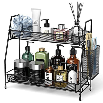 Bathroom Organizer Countertop, Spice Rack Organizer for Cabinet,Black | 2-Tier Bathroom Counter Organizer,Vanity Organizer Corner Shelf with Small Basket for Sink,Kitchen,Bedroom,Living room,Office