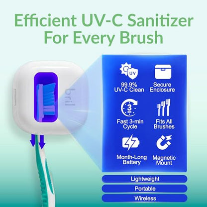 UV-C Toothbrush Sanitizer and Holder – Wall Mounted, Rechargeable, 30-Day Battery, Magnetic Mount, Fits Electric and Manual Brushes, Portable Travel Case, Auto-Shutoff – White