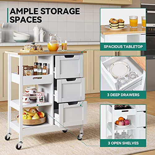 YITAHOME Small Solid Wood Top Kitchen Island Cart on Wheels with Storage, Rolling Portable Dining Room Serving Utility Carts Mobile Movable with 3 Drawers Cabinet, Oak & White