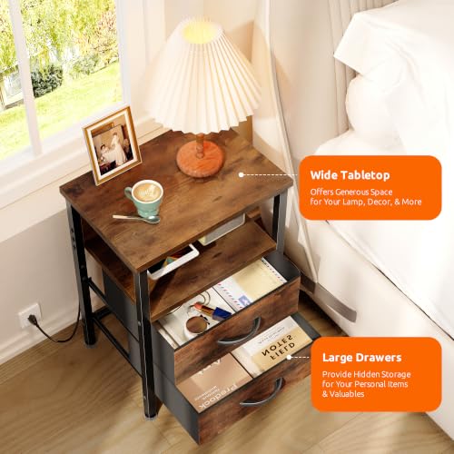 Night Stand with Charger Station for Bedroom, Brown Nightstand | Bedside Table, Open Shelf, 2 Fabric Drawers, Built in USB-A, USB-C Port & AC Outlets, For Dorm, Living Room, Bedroom
