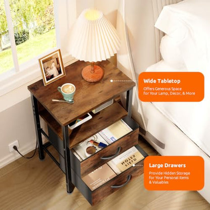 Night Stand with Charger Station for Bedroom, Brown Nightstand | Bedside Table, Open Shelf, 2 Fabric Drawers, Built in USB-A, USB-C Port & AC Outlets, For Dorm, Living Room, Bedroom