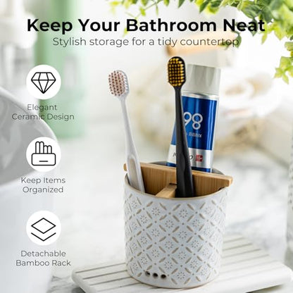 Toothbrush Holders, Ceramic Electric Toothbrush & Toothpaste Holder | Detachable 3 Slots Tooth Brush Cup with Drain Holes & Bamboo Divider, Makeup Brush Storage Holder for Bathroom, Family, Kids