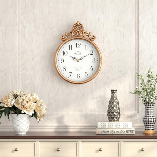 Small French Decorative Wall Clock, Gold Antique | Vintage Boho Style, Silent Battery Operated Wall Clocks for Farmhouse,Kitchen,Bathroom,Bedroom (10.23" H x 7.7" W)
