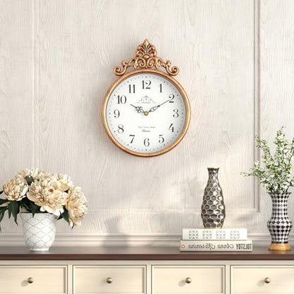 Small French Decorative Wall Clock, Gold Antique | Vintage Boho Style, Silent Battery Operated Wall Clocks for Farmhouse,Kitchen,Bathroom,Bedroom (10.23" H x 7.7" W)