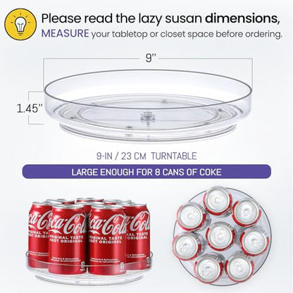 4 Pack 9 Inch Elegant Clear Turntable Acrylic Lazy Susan, Non-Skid Rotating | Smoothly Kitchen Spice Rack, Cabinet Pantry Organization Storage, Refrigerator, Vanity Makeup, Bathroom Countertop Organizer
