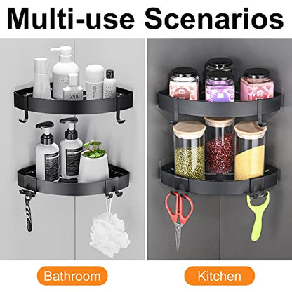 DUFU Adhesive Corner Shower Caddy with Hooks, Black, 2 Pack | Bathroom Shower Organizer, No Drilling, Rust Proof Aluminum Shower Shelf For Inside Shower