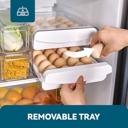 Luckore 2 Tier Egg Holder for Fridge Container for 40 Eggs with Drawer | Clear Stackable Egg Organizer Holder Tray for Fridge, Storage Container with Handles for Refrigerator, Countertop