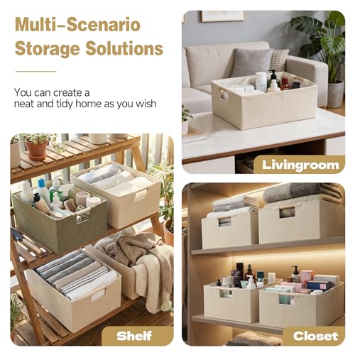Foldable Fabric Storage Basket for Shelves, Linen Decorative Storage Bin with Wooden Handles, Small Organizer Cube for Closet, Rectangle Canvas Box for Organizing, Decor, 15x10.6x6 Inches (Blcak)