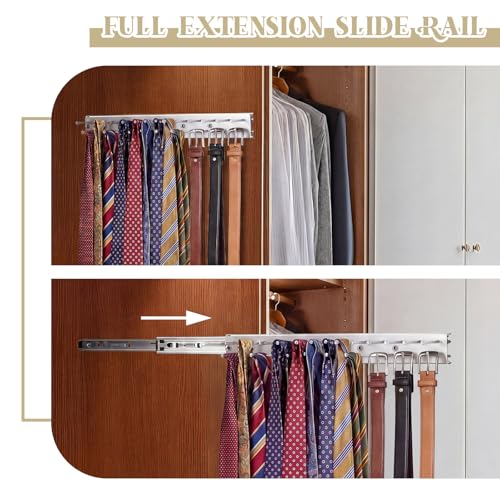 Blulu 2 Pcs 13.8'' Sliding Tie Rack Hangers for Closet, 25 Tie Each, Silver | Includes 2 Silver 13.8 Inch Metal Racks with 25 Hooks Each and 12 Screws; Full-extension Ball-bearing Slides for Easy Access