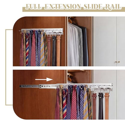 Blulu 2 Pcs 13.8'' Sliding Tie Rack Hangers for Closet, 25 Tie Each, Silver | Includes 2 Silver 13.8 Inch Metal Racks with 25 Hooks Each and 12 Screws; Full-extension Ball-bearing Slides for Easy Access