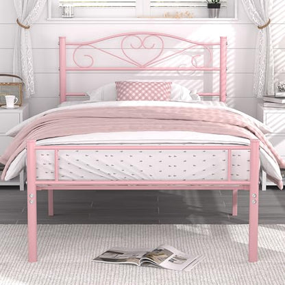 VECELO 14 Inch Twin Size Metal Platform Bed Frame with Headboard and Footboard, Heavy Duty Mattress Foundation with Steel Slats Support, No Box Spring Needed, Pink