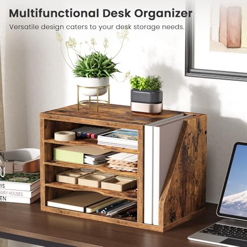 Wooden Mail Organizer, Desk Organizer with 3 Adjustable Shelves | Mail Sorter, File Organizer Desktop, Mail Holder for Home Office, Letter Sorter for Envelopes, Bills, Magazines, Rustic Brown