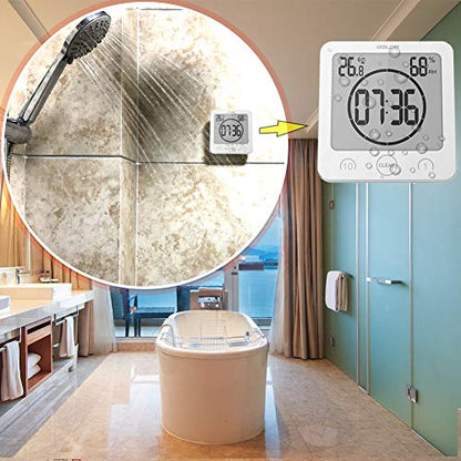 Waterproof Bathroom Wall Clock and Timer, Digital Water Resistant Hanging Timer for Shower, Large Display Kitchen Cooking Countdown Timers, Mirror Suction Clock with Temperature Humidity Meter (White)
