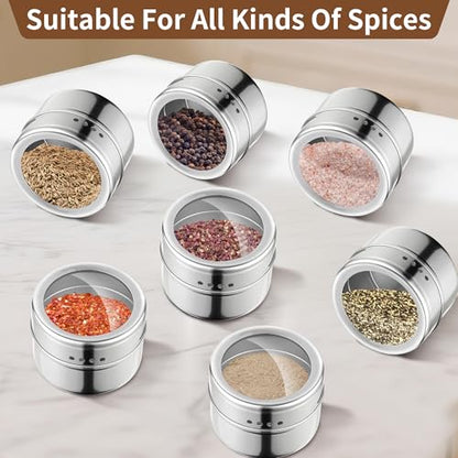 12pcs Stainless Steel Spice Jars, Magnetic Condiment Tins Magnetic Spice Jar With Clear Lid And Holes Sift&Pour - Easy To Clean