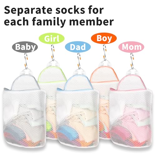 5Pcs Hanging Laundry Bags for Socks with S Hooks,12 X 10 inch 5 Color Mesh Laundry Bags for Washing Machine