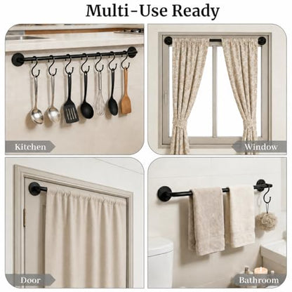 2 Pack Magnetic Curtain Rod for Metal Door, Adjustable 16 to 30 Inch, 1/2 Inch Diameter, French Door Magnetic Curtain Rods with Hooks (Black)