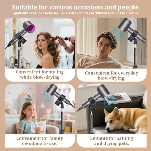 Hands Free Hair Dryer Stand with Tripod, 23.6-47.2 Inch Adjustable Height, 180° Rotating Universal Clip, Foldable Metal Blow Dryer Holder for Bathroom Vanity Makeup Room Home Styling & Pet Grooming, Fits Most Hair Dryers