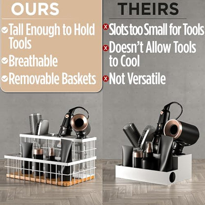 Hair Tool Organizer Countertop, Breathable Metal & Bamboo, Heat-Resistant | No Assembly Required, Removable Baskets, Heat-Resistant Iron, Bamboo Base, Spacious & Breathable Hot Tools Organizer Vanity