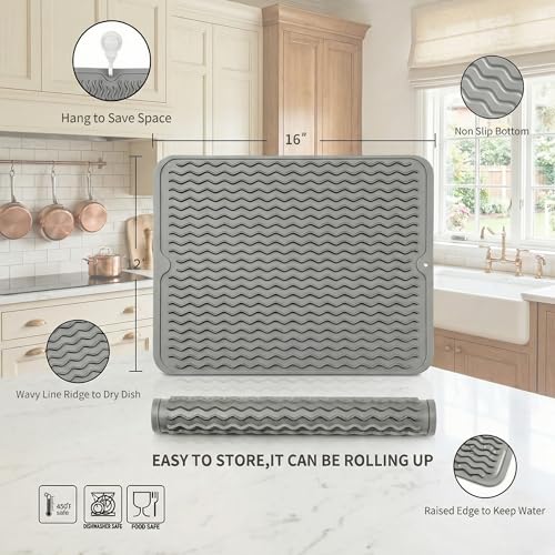 MicoYang Silicone Dish Drying Mat, Grey, 16"×12" | Quick-Dry Ridges, Heat-Resistant Trivet to 450°F, Non-Slip & Dishwasher Safe, Roll-Up Storage, 18 Colors & 9 Sizes Available