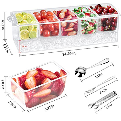 Condiment Tray with Stainless Steel Tableware, Chilled Condiment Server | Bar Accessories with 5 Spoons, 5 Forks and 1 Clip with Removable Trays and Lid