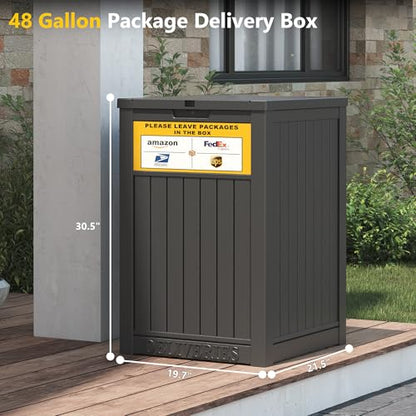 Package Delivery Box for Outside with Sign, 48 Gallon Storage with Lockable Secure, Large Double Wall Resin Outdoor Package Delivery Waterproof