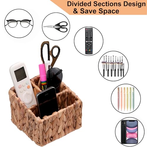 Hand Woven Wicker Remote Control Holder with 3 Compartments-Natural | Water Hyacinth Storage Basket,Cosmetic Storage Box for Desk,Home Organization