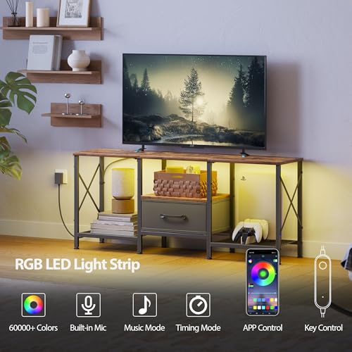 JARHETUN LED TV Stand with Fabric Drawer, Entertainment Center for 50 55 Inch TV, Industrial TV Console Table with Open Storage Shelves for Living Room, Bedroom, Rustic Brown
