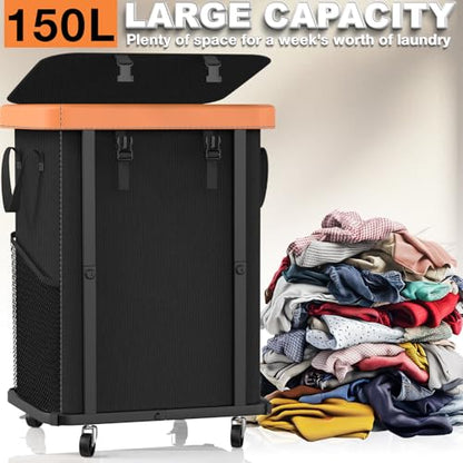 Laundry Hamper with Wheels,150L Leather Patchwork Clothes Hamper Black | Rolling Laundry Basket with Sturdy Metal Frame, Removable Washable Bag,Tall Clothes Sorter for Bedroom, Laundry Room, Dorm