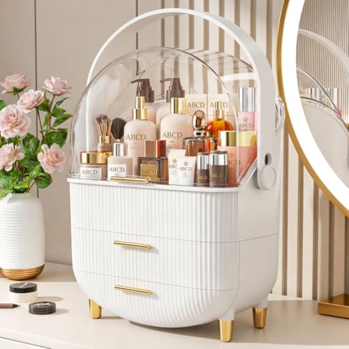 Makeup Organizer Skincare Organizers With Drawers | Cosmetic Display Cases with Transparent Cover, Skincare Organizers for Bathroom Countertop, Bedroom Vanity Desk, White