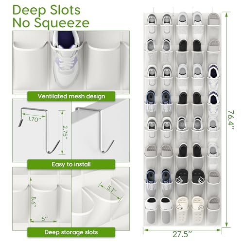 Over the Door Shoe Organizer with 40 Large Breathable Mesh Pockets, Space Saving Shoe Holder, Hanging Shoe Rack for Entryway Bedroom Closet Storage (White, 40 Pockets)