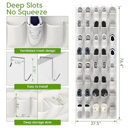 Over the Door Shoe Organizer with 40 Large Breathable Mesh Pockets, Space Saving Shoe Holder, Hanging Shoe Rack for Entryway Bedroom Closet Storage (White, 40 Pockets)