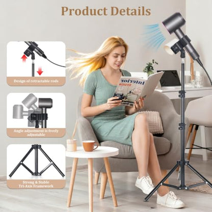 Hands Free Hair Dryer Stand with Tripod, 23.6-47.2 Inch Adjustable Height, 180° Rotating Universal Clip, Foldable Metal Blow Dryer Holder for Bathroom Vanity Makeup Room Home Styling & Pet Grooming, Fits Most Hair Dryers