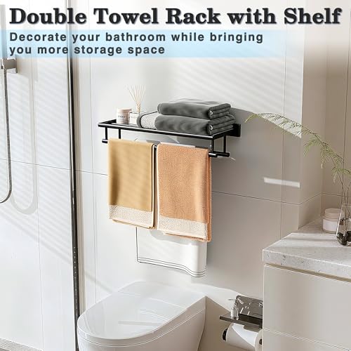 Alise Double Towel Rack for Bathroom Wall Mounted 24 Inch,Matte Black | Bathroom Tower Holder Towel Shelf with Double Towel Bars,SUS304 Stainless Steel Towel Rack with Shelf for Lavatory Kitchen