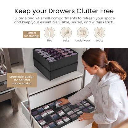 Reli. Sock Organizer (4 Pack) | 16+24 Cell Underwear Organizer | Gray | Drawer Dividers for Underwear, Socks, Ties, Belt | Foldable Fabric Storage Bins for Drawer, Closet, Dresser | 11.8x11.8x3.5"