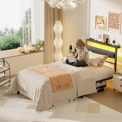 Twin Bed Frames, Upholstered Headboard and Storage Shelf, Black | led lights, under-bed storage, no box spring, easy assembly, sturdy steel frame, USB+Type-C+AC ports, app & remote control