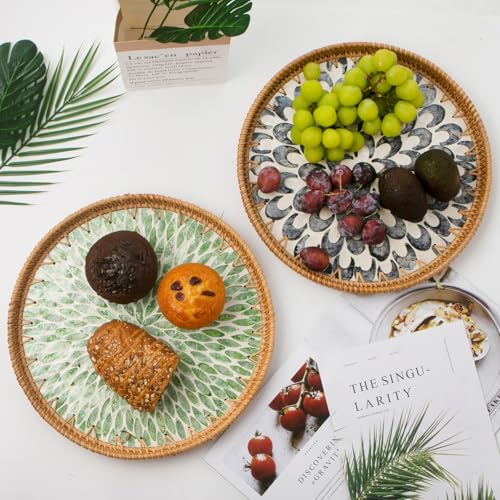 Round Rattan Tray with Mother of Pearl Inlay, Wooden Base | Coffee Table Serving Tray, Home Decorative Wicker Woven, for Outoor Patio Decor