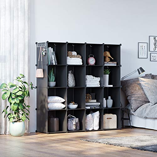C&AHOME 16 Cube Storage Organizer Cube Shelves Units Storage Cubes, Black | Plastic DIY Closet Organizer, Stackble Modular Closet Storage Shelves Ideal for Home, Bedroom, 48.4" L × 12.4" W × 48.4" H