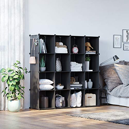 C&AHOME 16 Cube Storage Organizer Cube Shelves Units Storage Cubes, Black | Plastic DIY Closet Organizer, Stackble Modular Closet Storage Shelves Ideal for Home, Bedroom, 48.4" L × 12.4" W × 48.4" H