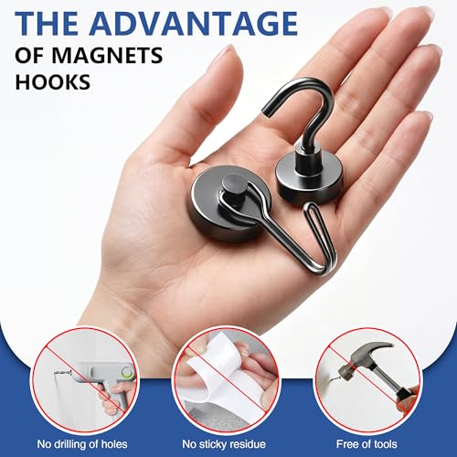 Magnetic Hooks, Mixed Sizes 10-Pack Black Heavy Duty Strong Magnet Hook Set for Refrigerator, Cruise Ship Cabin, Outdoor BBQ Grill, Kitchen & Garage (Medium 4 + Large 2 + Max 4)