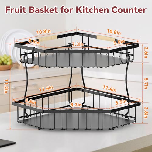 2 Tier Fruit Basket for Kitchen Counter with 2 Banana Hangers for Corner | Detachable Metal Fruit Bowl with Wooden Handle, Large Capacity Fruit Stand for Bread Fruit and Vegetable Storage, Black