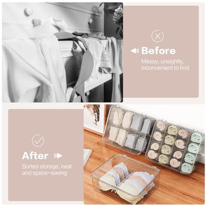 Socks Underwear Drawer Organizer for Closet, 16 Compartment Removable Divided Plastic Clear Sock Storage Box with Lid, Underwear Storage Tie Organizer Box for Bra Socks Ties Scarf Tea Bag