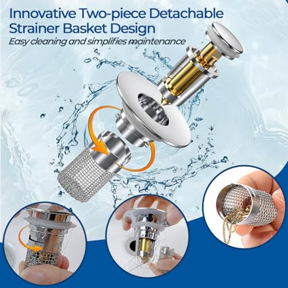 Bathroom Sink Drain Strainer,(2PCS) Pop-up Sink Drain Strainer with Removable Stainless Steel Strainer Basket Hair Catcher, Bathroom Sink Strainer for Bathroom Sink Stopper Replacement