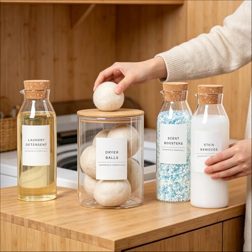 Liquid Laundry Detergent Container, Glass Detergent Bottle for Laundry Room | 3 Pack Laundry Storage Containers for Organizing, Laundry Beads & Dryer Sheet Holder, Laundry Soap and Softener Dispenser