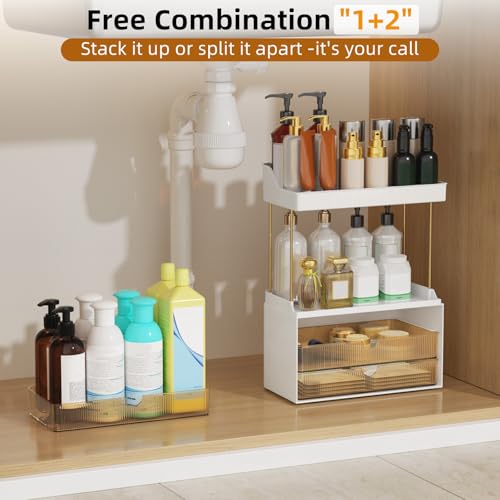 StorBin Arcylic 5-Tier Makeup & Skincare Organizer for Vanity, Bath | Smooth 3 drawers, clear body, gold frame, non-slip, for perfumes, serums, face masks, palettes, vanity & bath counter,Amber