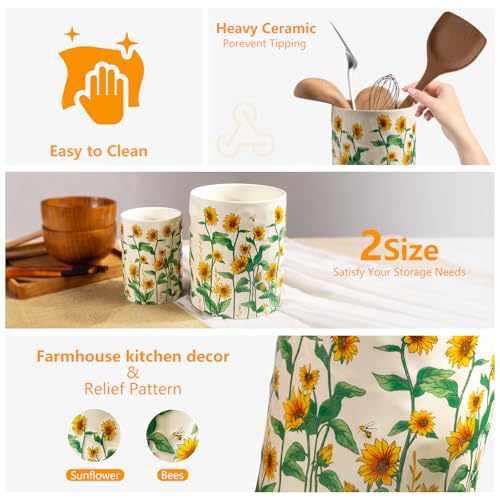 Sunflower Utensil Holder, 7.1"+5.4" Ceramic Utensi... (Yellow | Ceramic)