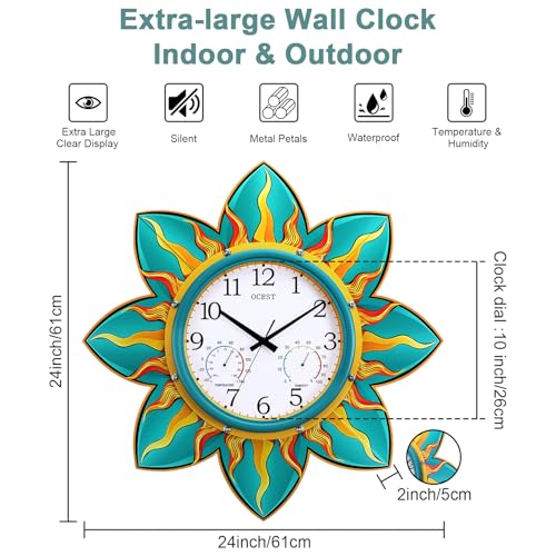 24-in Outdoor Clock Waterproof with Thermometer Hygrometer for Patio | Large Display, Silent, Metal Flame Petal, Weatheproof, Easy to Read, Battery Operated, Garden Pool Garage Porch Outside Decor