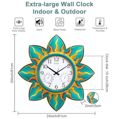24-in Outdoor Clock Waterproof with Thermometer Hygrometer for Patio | Large Display, Silent, Metal Flame Petal, Weatheproof, Easy to Read, Battery Operated, Garden Pool Garage Porch Outside Decor